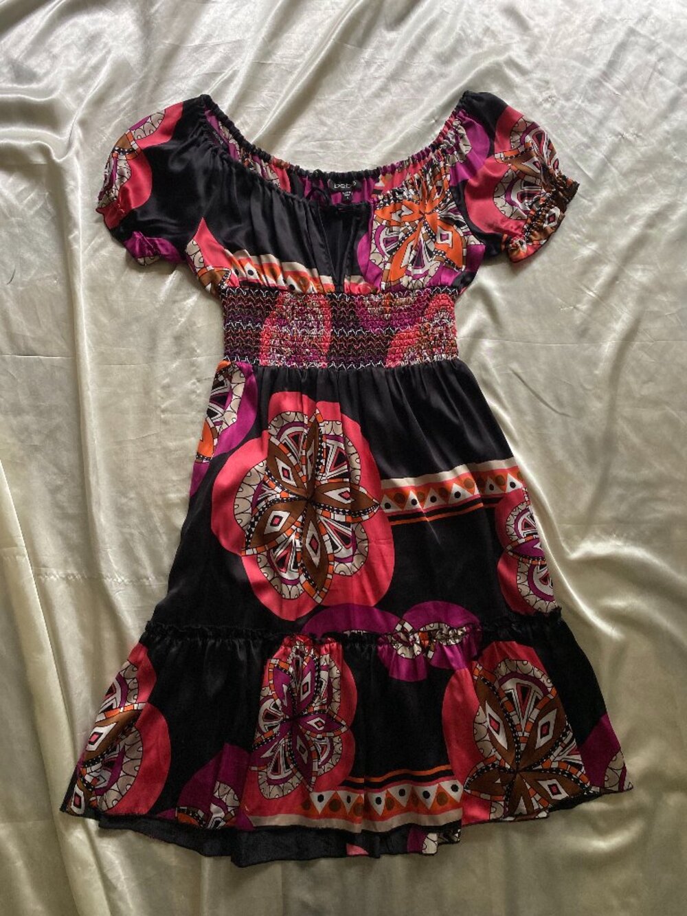 Vintage y2k Bebe 100% Silk Colorful Paisley Floral Boho Mini Dress Tiered